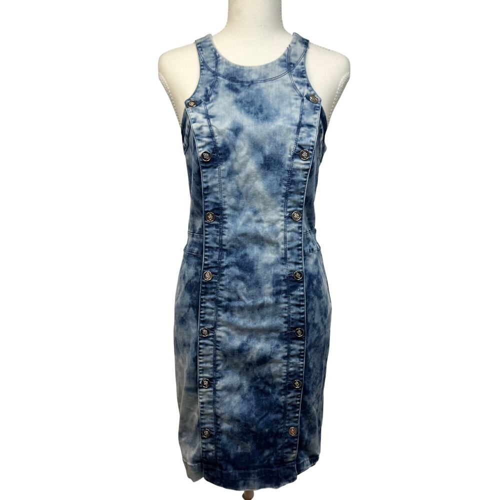 Bebe Denim Bodycon Mini Dress Blue Acid Wash Women’s 8 Y2K 2000s Club McBling - Picture 1 of 16